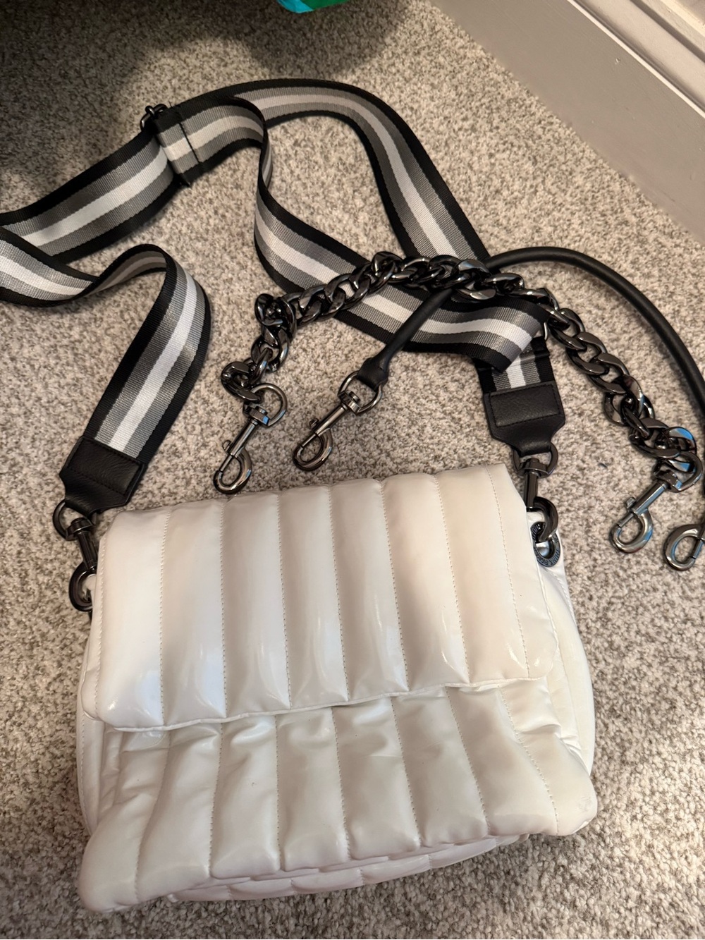 THINK ROYLN White Quilted Shoulder Bag with Striped Strap